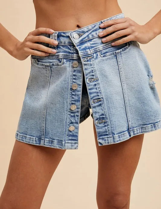 MEDIUM WASHED DENIM Annie Wear Button Detail Stretch Denim Wrap Mini Skort | Daverri Fashions
