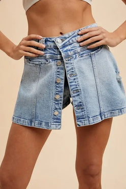 Annie Wear Button Detail Stretch Denim Wrap Mini Skort - DAVERRI FASHIONS