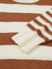Brown and white striped drop shoulder baggy sweater with ribbed cuffs