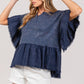 SAGE + FIG Ruffle Sleeve Washed Short Sleeve Blouse Navy Blouses