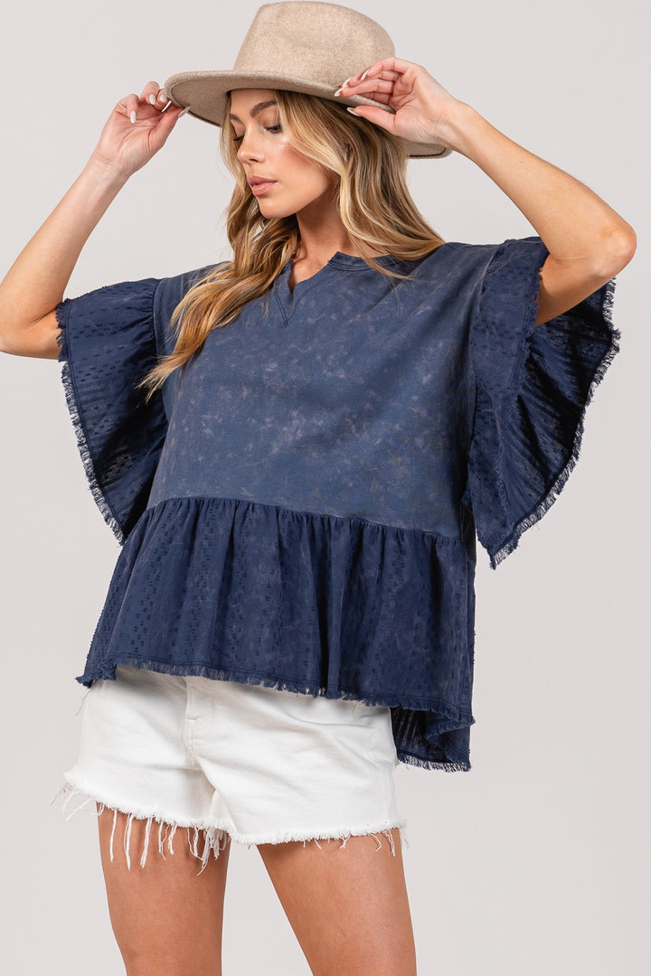 SAGE + FIG Ruffle Sleeve Washed Short Sleeve Blouse Navy