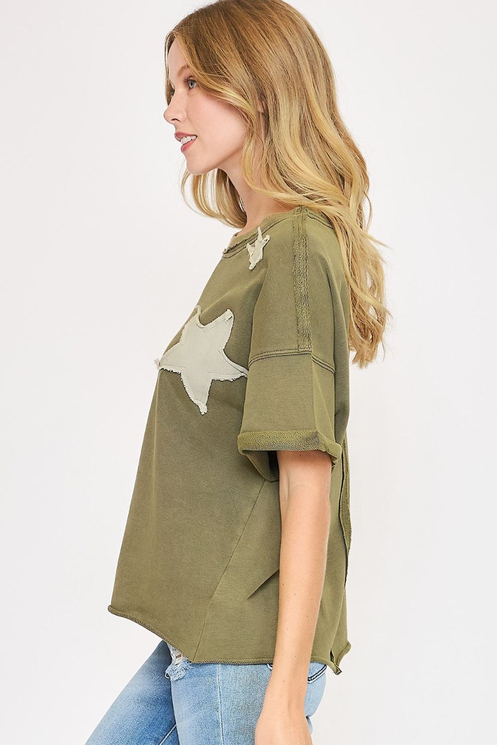 Umgee Star Patched Mineral Washed French Terry Top Tops