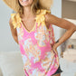 BiBi Printed V Neck Ruffled Tank Pink Multi Tank Tops