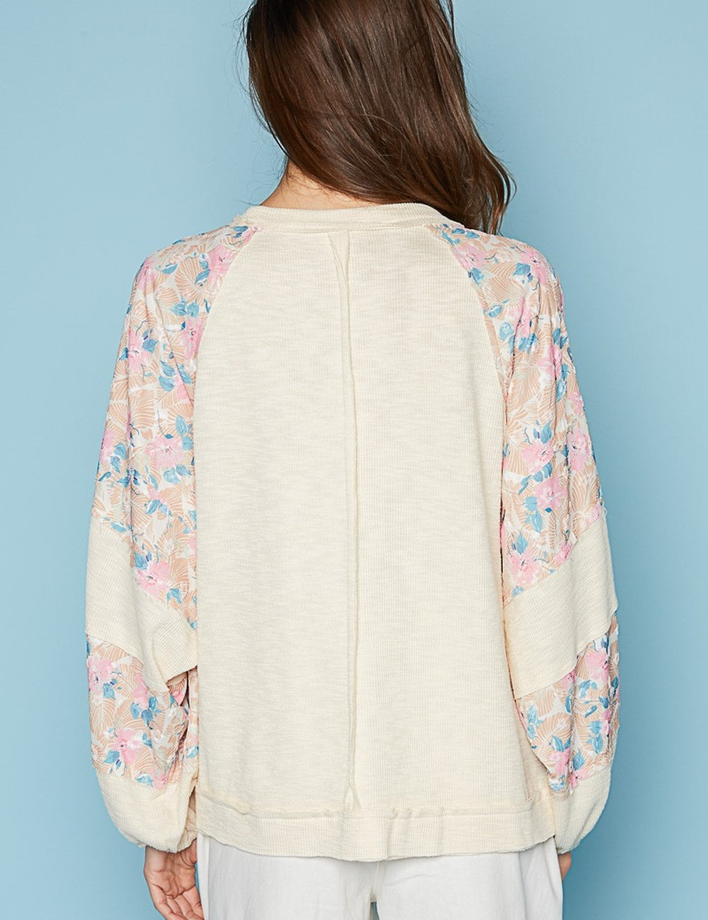 POL Round Neck Balloon Floral Long Sleeve Top