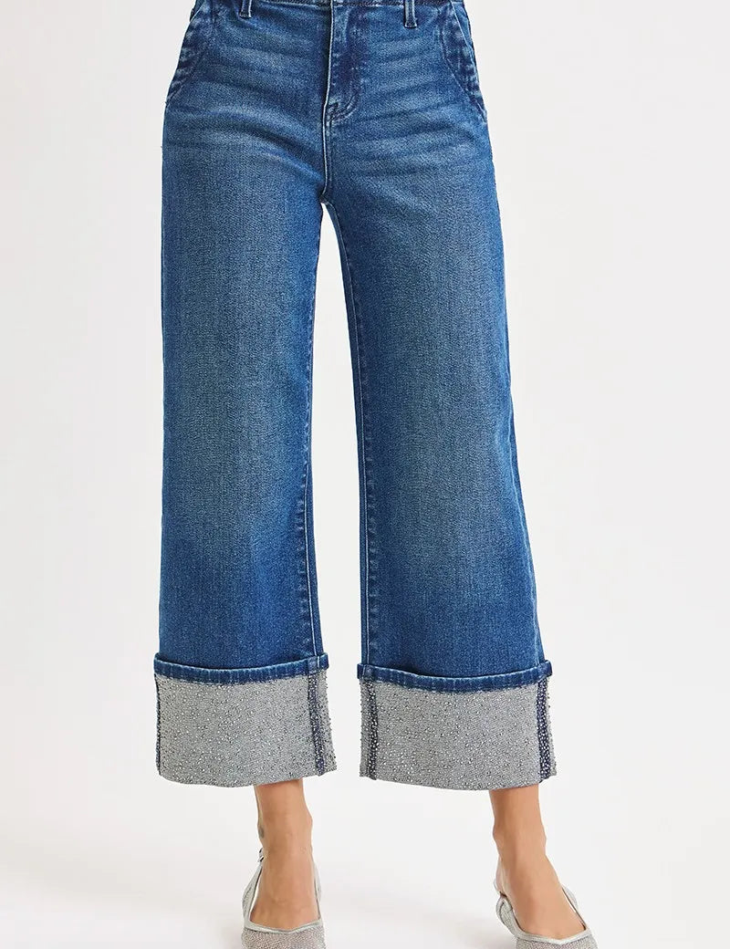 DARK RISEN High Rise Ankle Wide Rhine Stone Cuffed Jeans | Jeans Daverri Fashions