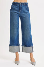 DARK RISEN High Rise Ankle Wide Rhine Stone Cuffed Jeans | Jeans Daverri Fashions