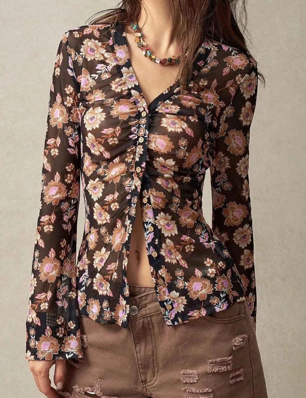 Floral Button-Front Shirt with Bell Sleeves | Shirts Daverri Fashions