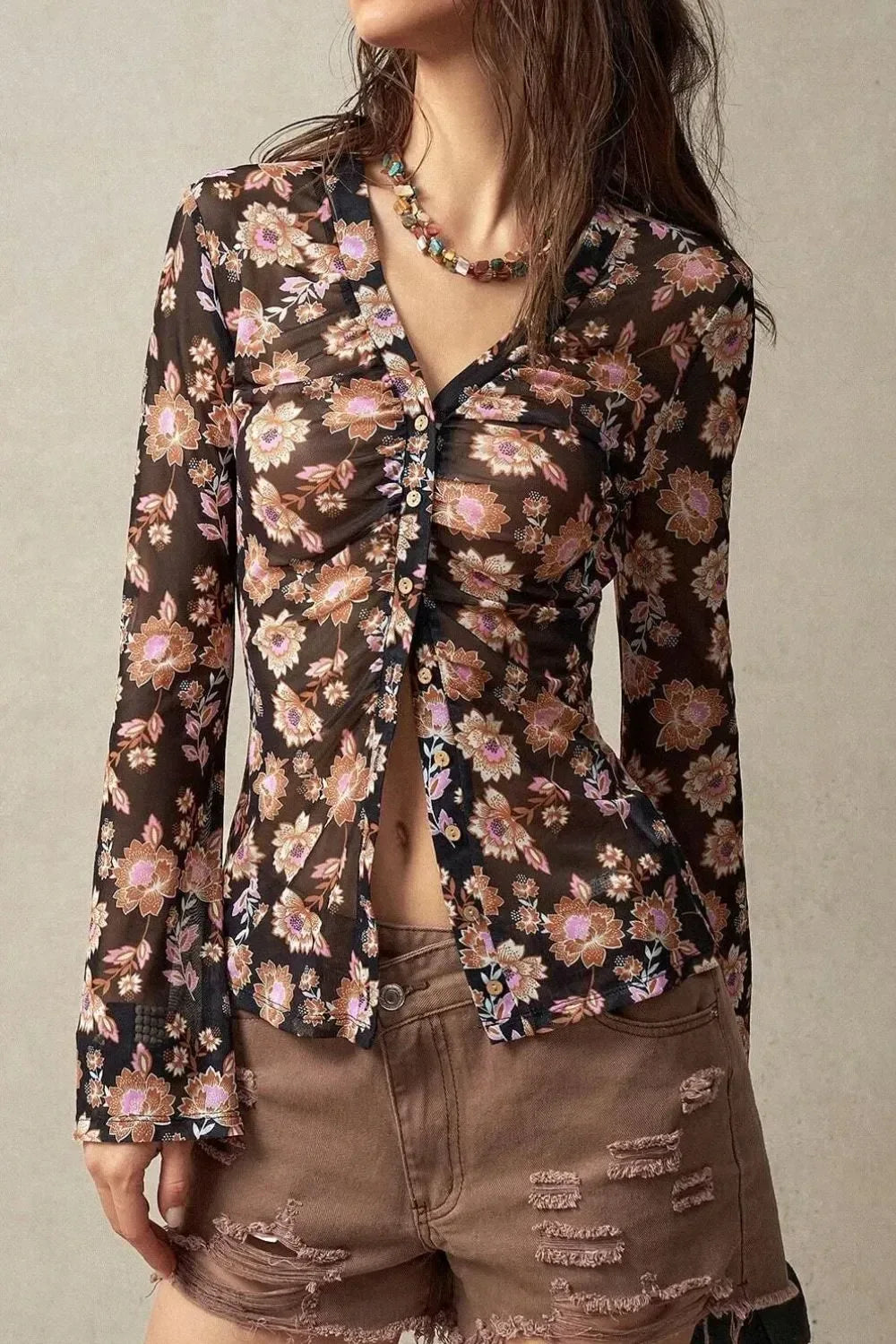 Floral Button-Front Shirt with Bell Sleeves - DAVERRI FASHIONS