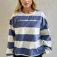 Oh Pima Cotton Wash Exposed Seam Contrast Striped Round Neck Long Sleeve T-Shirt T-Shirts