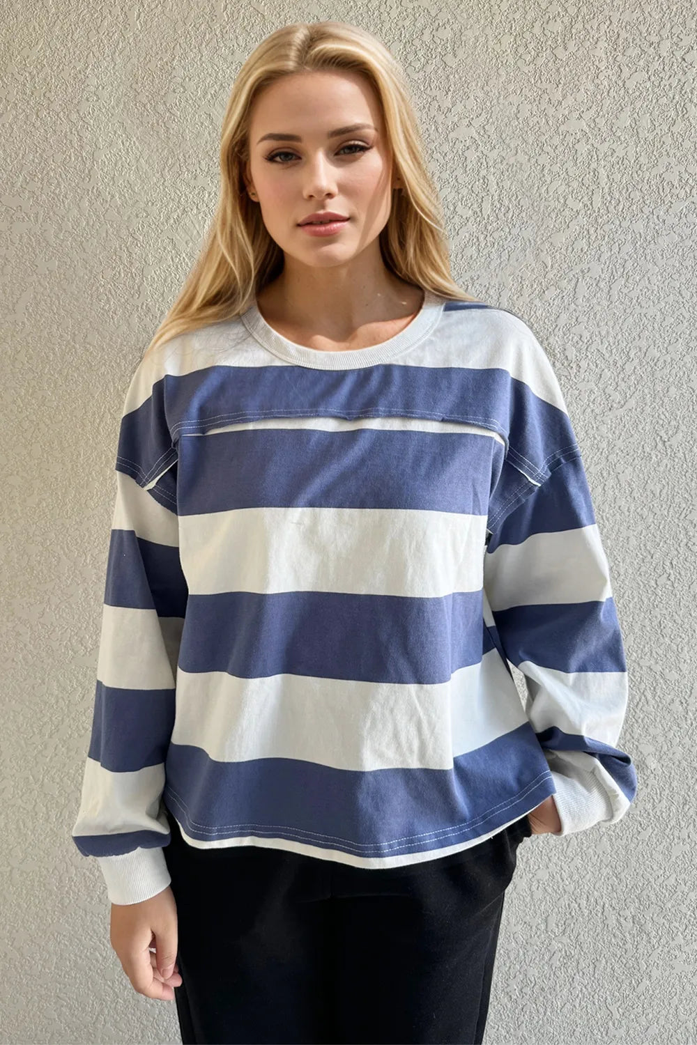 Oh Pima Cotton Wash Exposed Seam Contrast Striped Round Neck Long Sleeve T-Shirt T-Shirts