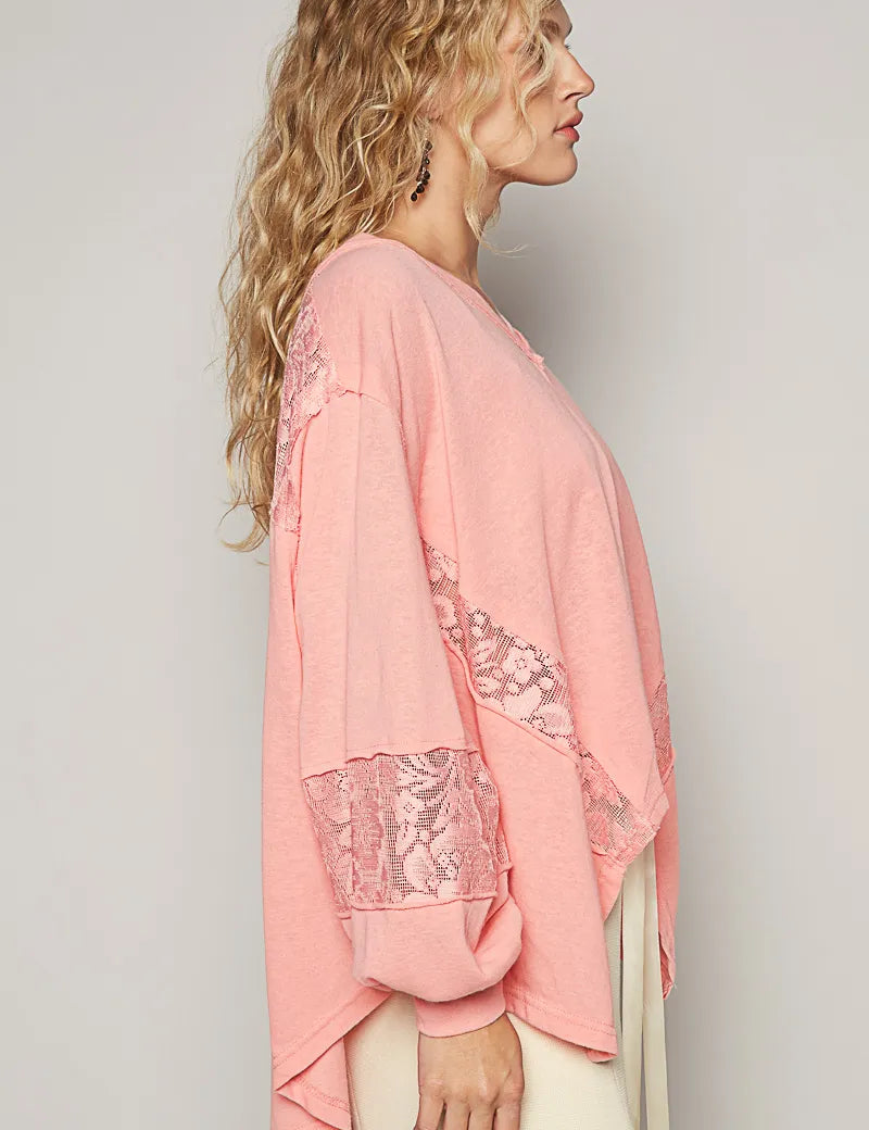 POL V-Neck Long Sleeve T-Shirt with Lace Detail | T-Shirts Daverri Fashions