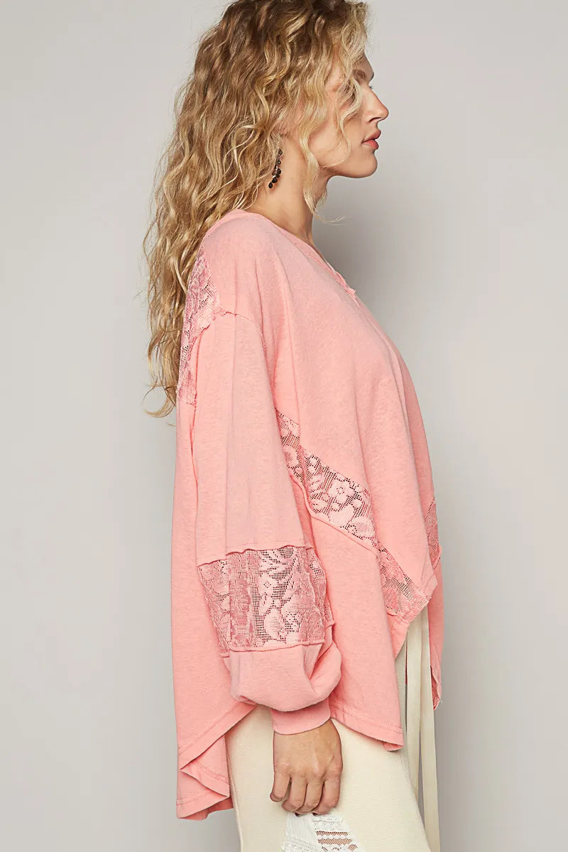 POL V-Neck Long Sleeve T-Shirt with Lace Detail T-Shirts