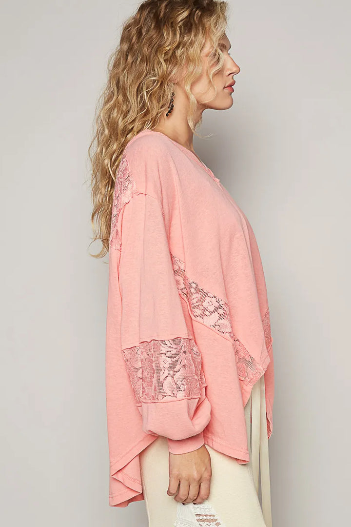 POL V-Neck Long Sleeve T-Shirt with Lace Detail T-Shirts