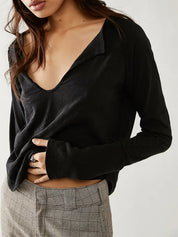 Black Exposed Seam Notched Long Sleeve T-Shirt | T-Shirts Daverri Fashions