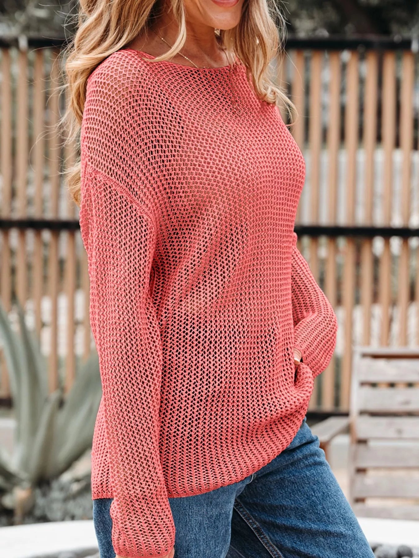 Coral crochet hollow out long sleeve knit top sweater