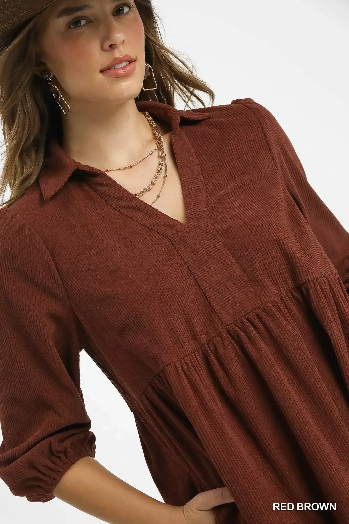 Umgee Tiered Corduroy Mini Dress with Balloon Sleeves - DAVERRI FASHIONS