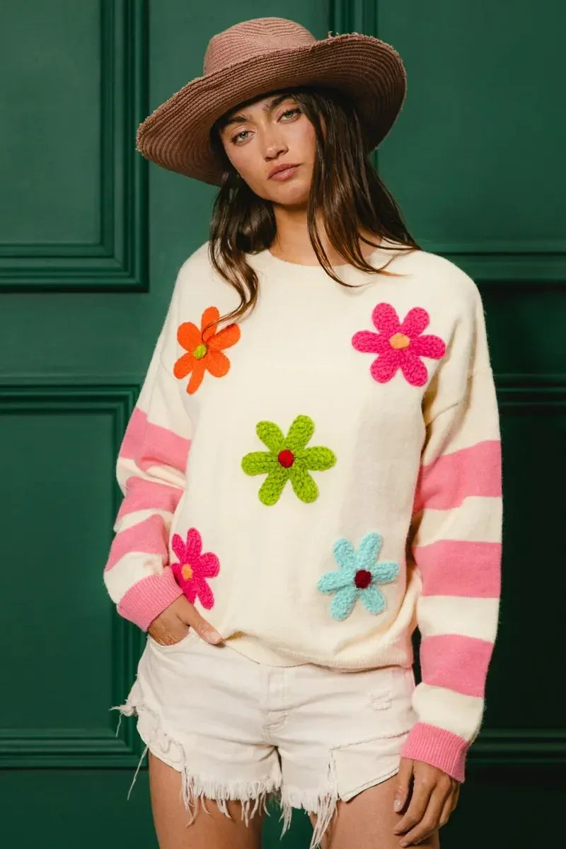 BiBi Colorful Floral Patched Sweater with Striped Sleeve - DAVERRI FASHIONS