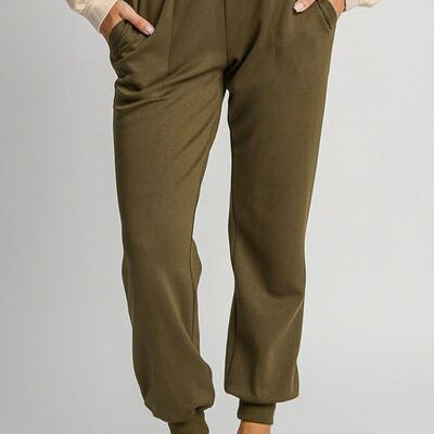 Umgee Full Size High Rise Elastic Waist Knit Joggers with Pockets Olive Lounge Pants