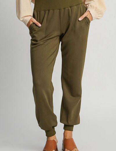 Umgee Full Size High Rise Elastic Waist Knit Joggers with Pockets Plus Size Olive