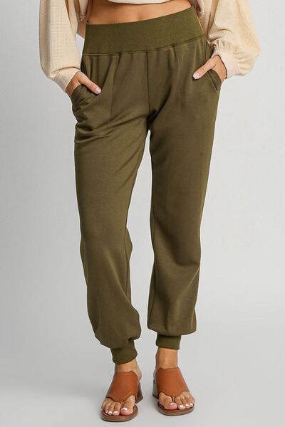 Umgee Full Size High Rise Elastic Waist Knit Joggers with Pockets Olive Joggers