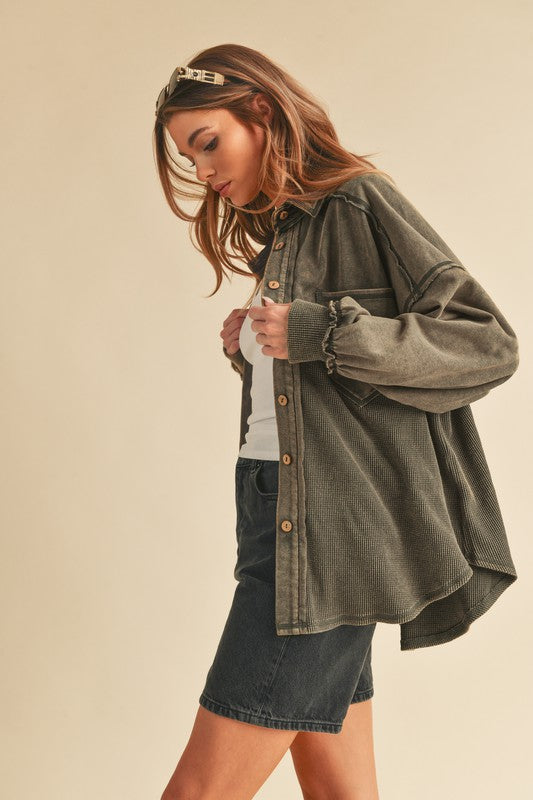 Aemi + Co Acid Washed Exposed Seam Button Up Jacket Shackets