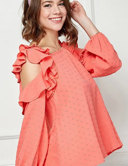 Lime 'N' Chili Ruffle Trim Cold Shoulder Swiss Dot Blouse | Daverri Fashions