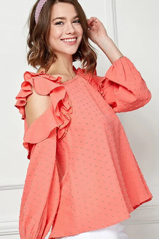 Lime 'N' Chili Ruffle Trim Cold Shoulder Swiss Dot Blouse