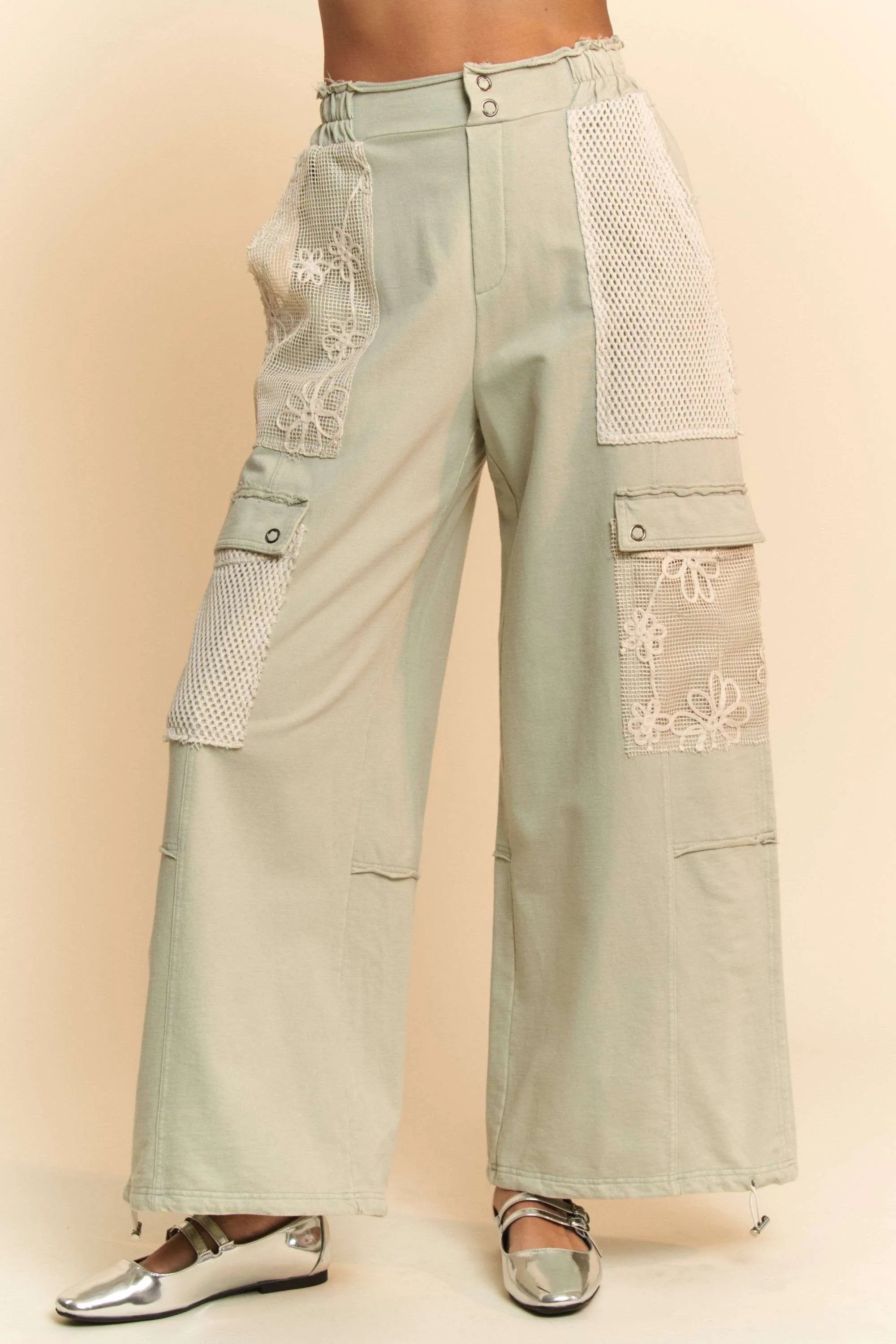 Davi & Dani Lace Patchwork Bottom Opening Adjustable Pants Pants