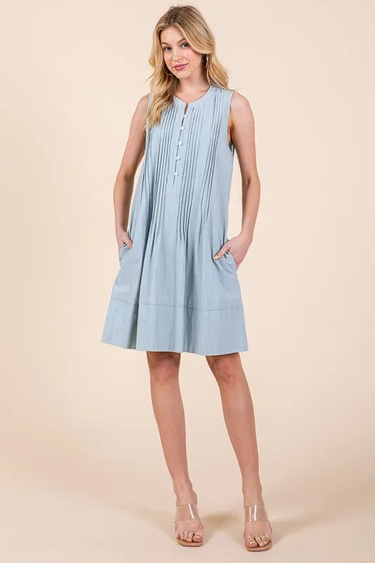 Lime ’N’ Chili light blue sleeveless A-line pintuck midi dress