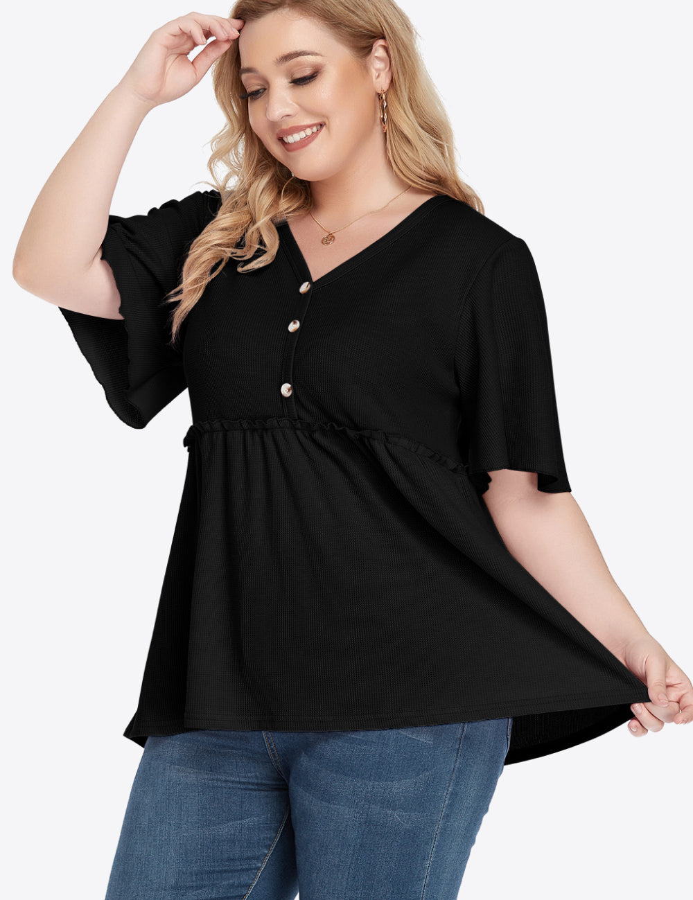 Plus size black V-neck babydoll blouse with bell sleeves and empire waist