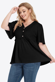 Plus size black V-neck babydoll blouse with bell sleeves and empire waist