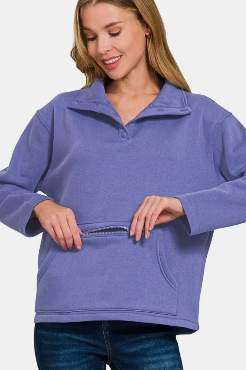 Zenana Turtleneck Half Snap Fleece Sweatshirt Blurple - DAVERRI FASHIONS
