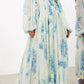 Floral print bohemian maxi dress with balloon sleeves in white and blue
