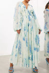 Floral print bohemian maxi dress with balloon sleeves in white and blue