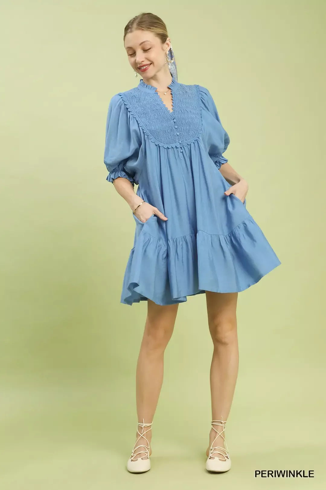 Umgee smocked bib ruffle hem babydoll dress in light blue