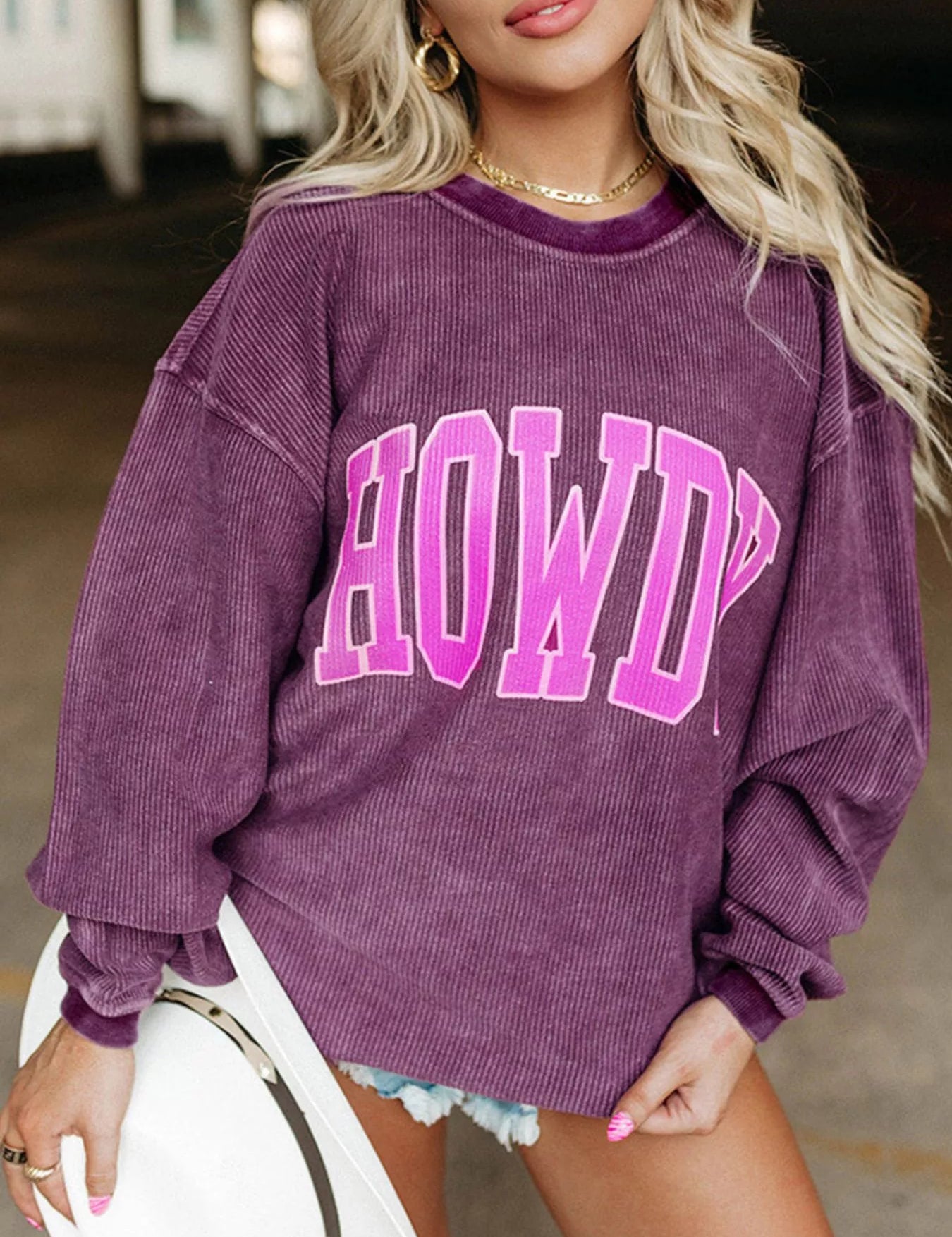 Purple Full Size Howdy Round Neck Oversized Sweatshirt Plus Size | Sweatshirts Daverri Fashions