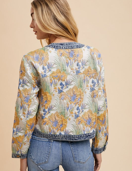 Annie Wear Floral Jacquard Denim Contrast Button Down Jacket Jackets