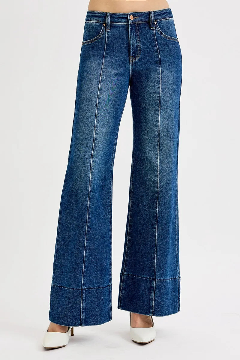 RISEN Full Size Tummy Control Mid Rise Ankle Wide Flare Jeans Plus Size DARK
