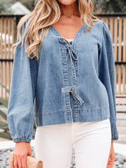 Tied Front Puff Sleeve Denim Top | Tops Daverri Fashions