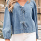 Tied Front Puff Sleeve Denim Top - DAVERRI FASHIONS