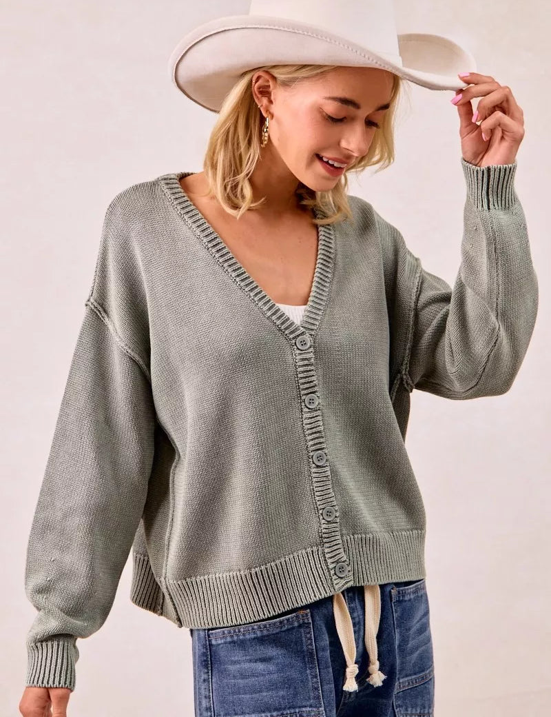 BiBi Washed Sweater V Neck Cardigan | Daverri Fashions