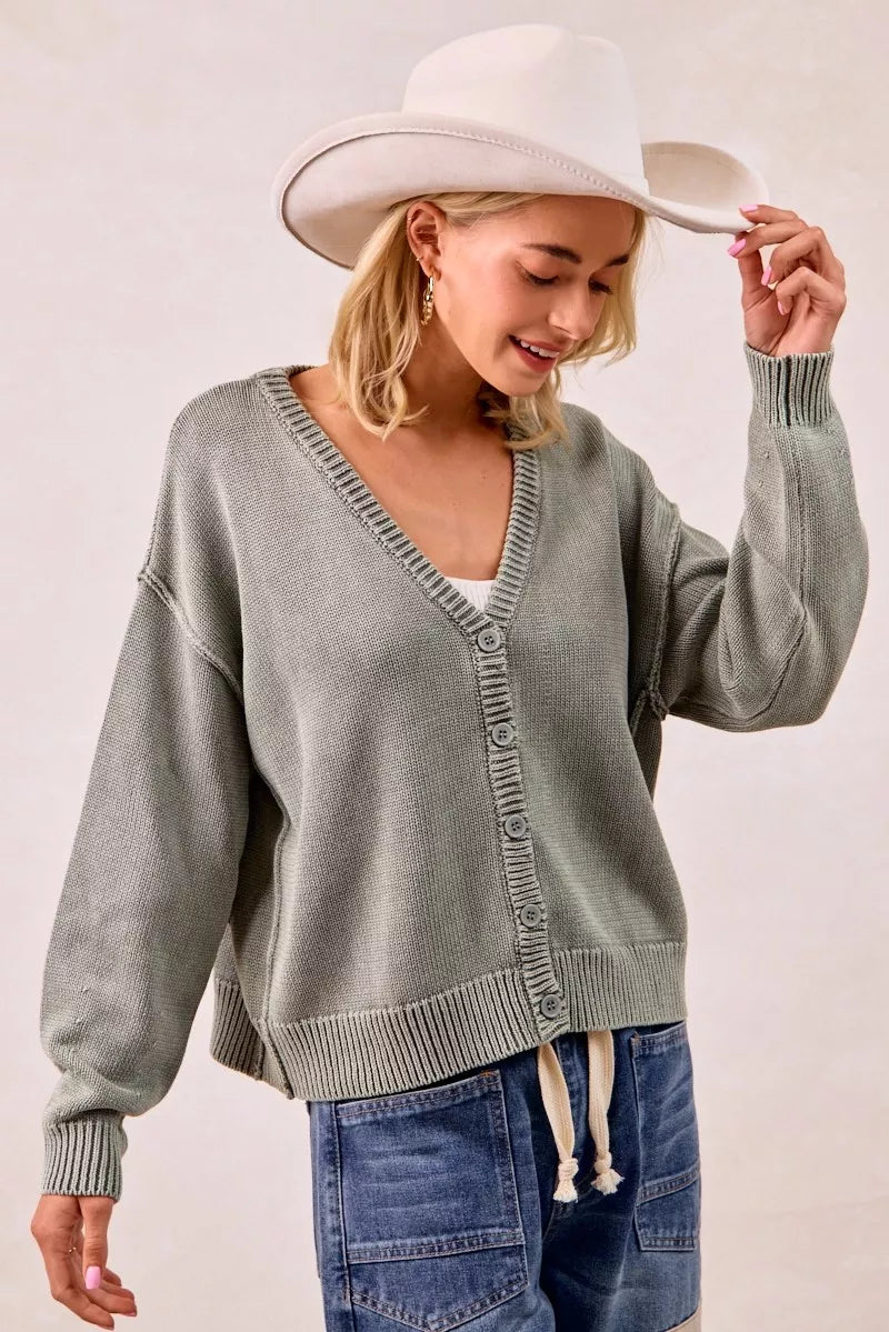 BiBi Washed Sweater V Neck Cardigan | Daverri Fashions