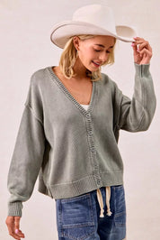 BiBi Washed Sweater V Neck Cardigan | Daverri Fashions