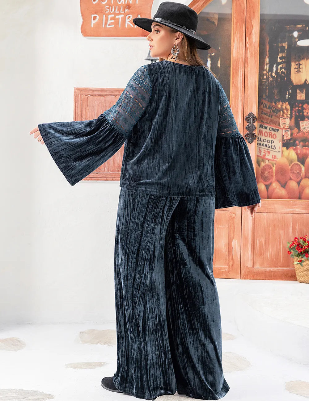 Plus Size Round Neck Flare Sleeve Top and Pants Set | Outfit Sets Daverri Fashions