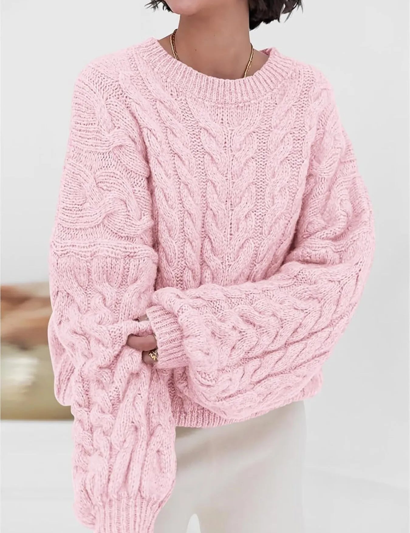 Pink Cable Knit Long Sleeve Sweater | Sweaters Daverri Fashions