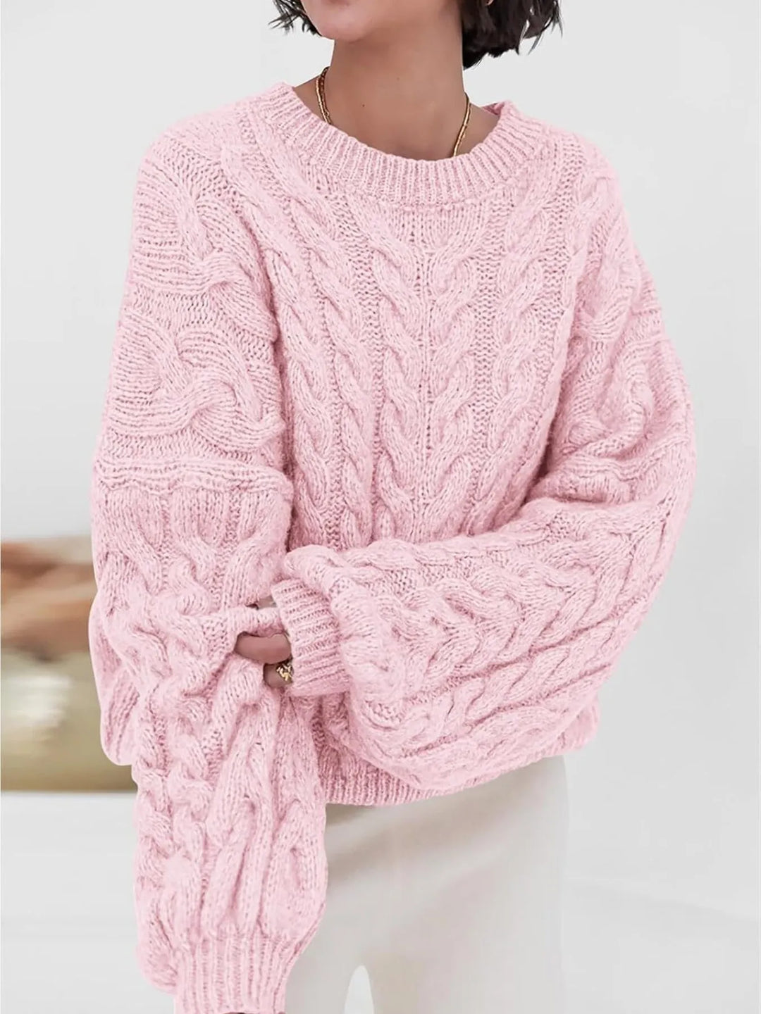 Pink Cable Knit Long Sleeve Sweater | Sweaters Daverri Fashions