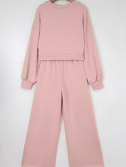 Drop Shoulder Puff Sleeve Crop Top and Drawstring Wide Leg Pants Set | Loungewear Sets Daverri Fashions