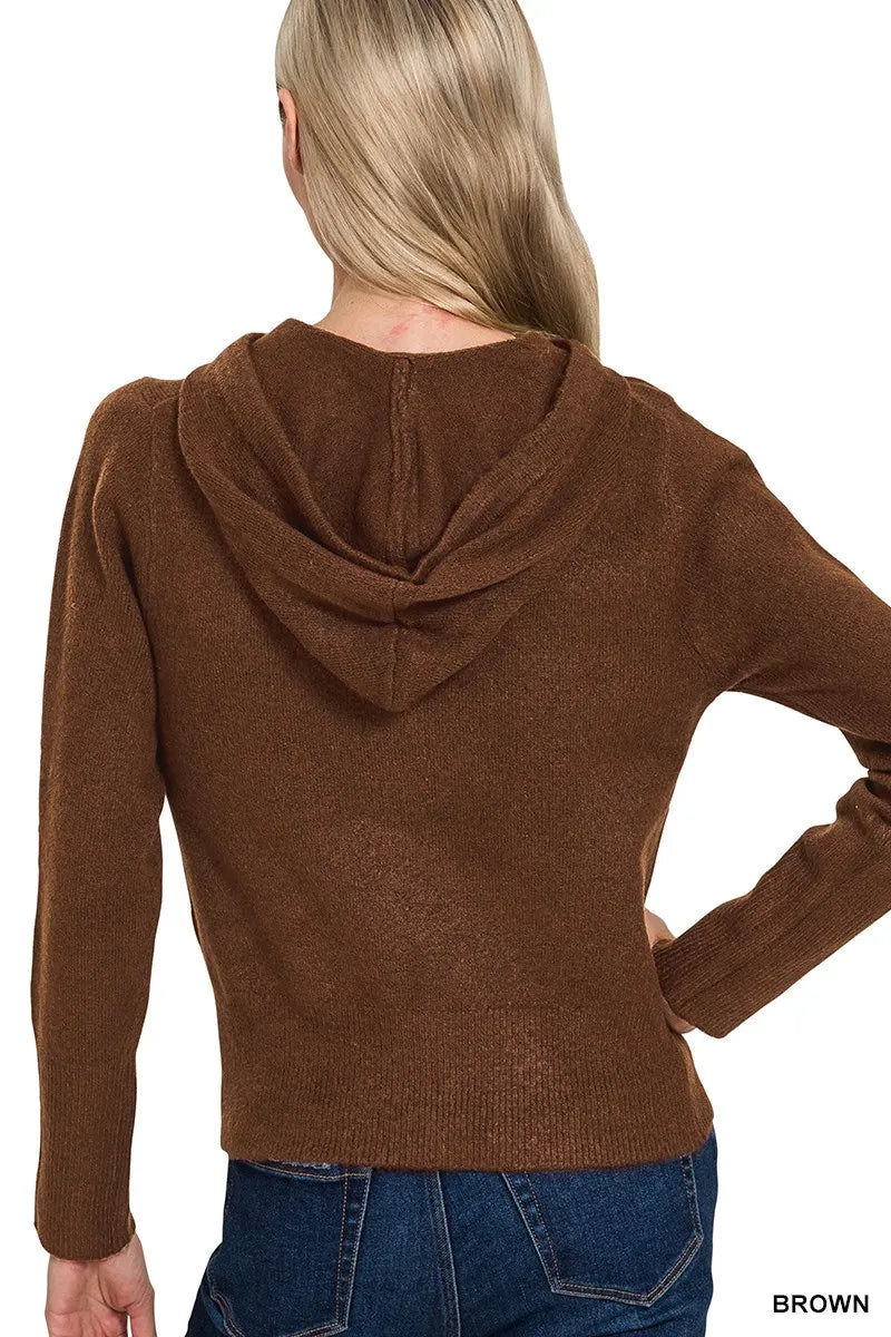 Zenana Drawstring Zip Up Hooded Cardigan Brown | Cardigans Daverri Fashions
