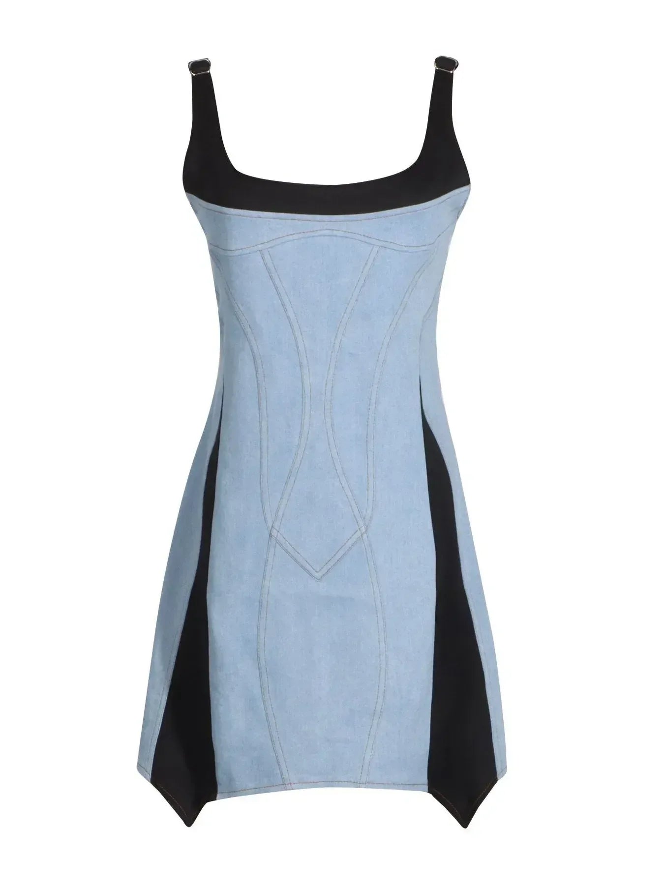 Contrast Adjustable Strap Denim Dress - DAVERRI FASHIONS