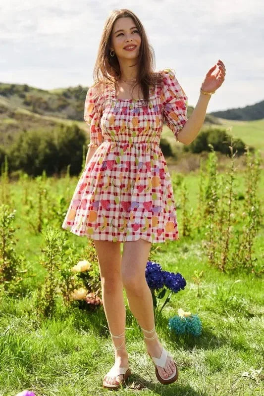 Davi & Dani Fruits Printed Smocking Mini Dress - DAVERRI FASHIONS